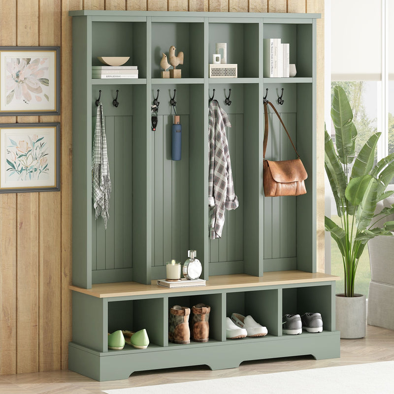 Green hall tree entryway organizer with 8 hooks, open shelves, and bench cubbies.