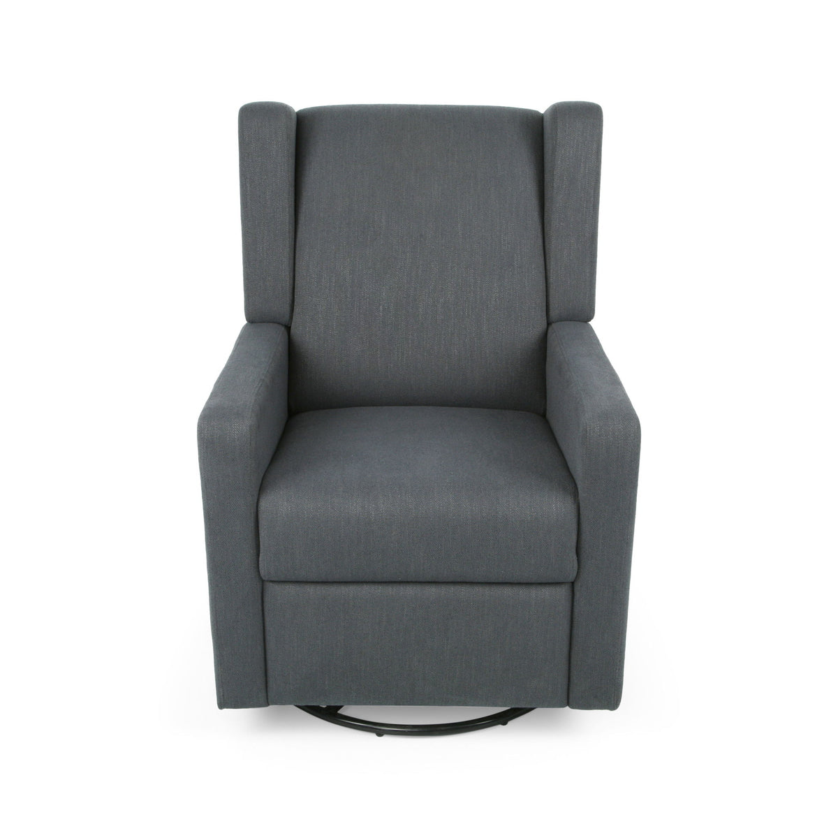 Charcoal fabric swivel recliner chair with tall back and padded armrests