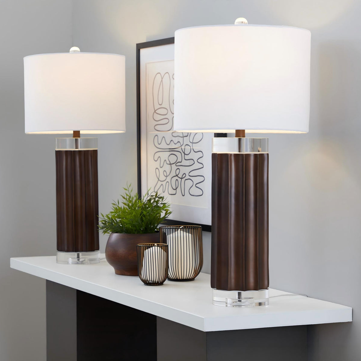Fluted cylinder table lamp set of 2, brown base, white fabric shades