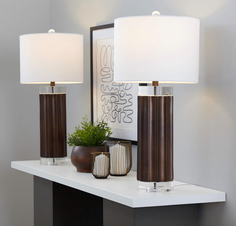 Fluted cylinder table lamp set of 2, brown base, white fabric shades