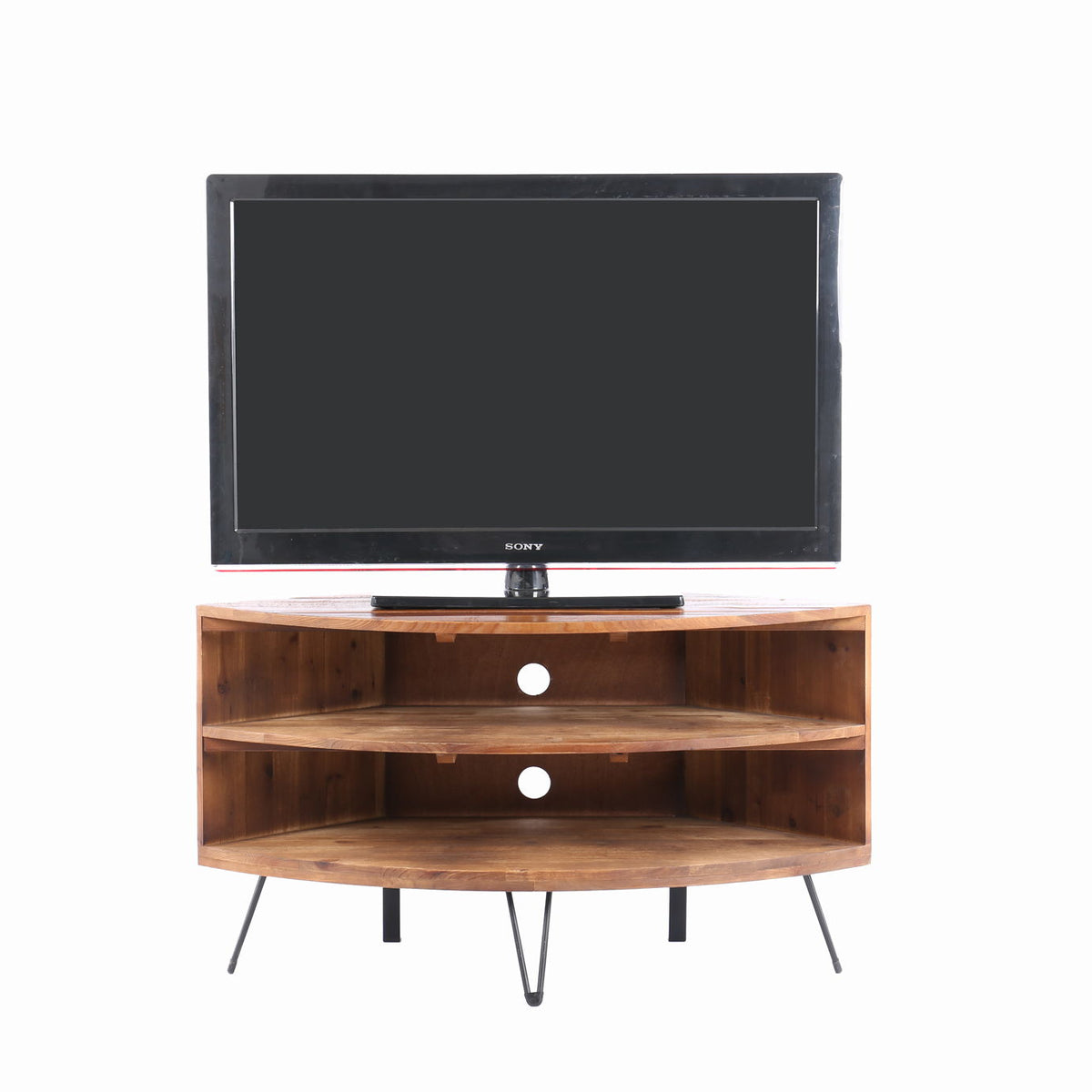 Fan Shape Reclaimed Wood Corner Media Table For Living Room Wise Use Your Space - Natural