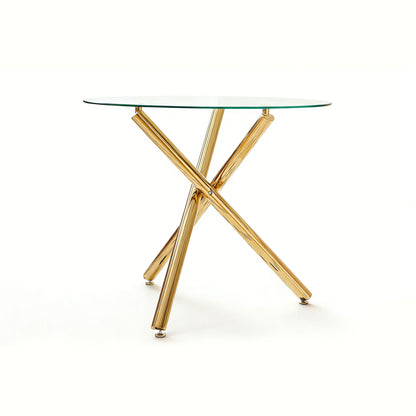 Gold X-leg round glass dining table with clear tempered glass top
