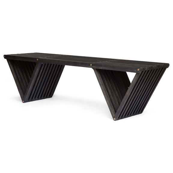 Dark gray slatted bench with angular pedestal legs and metal corner bolts