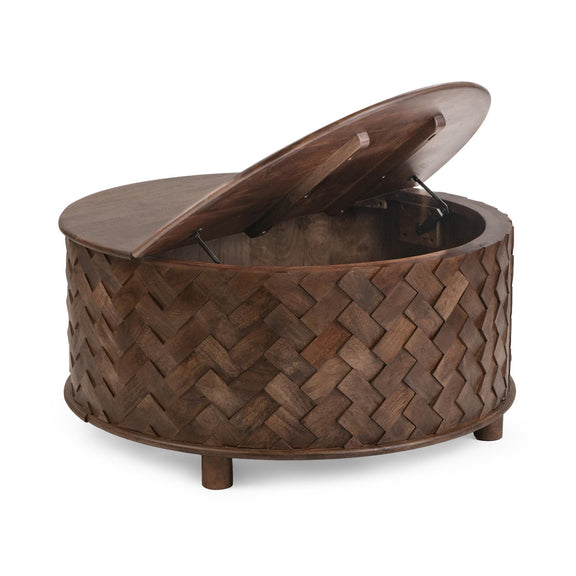 Round mango wood table with lift-up lid open, woven dark brown sides and knob handle
