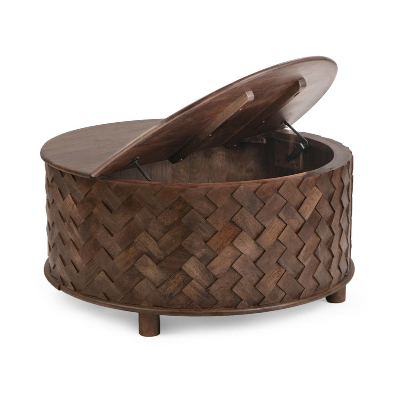 Round mango wood table with lift-up lid open, woven dark brown sides and knob handle