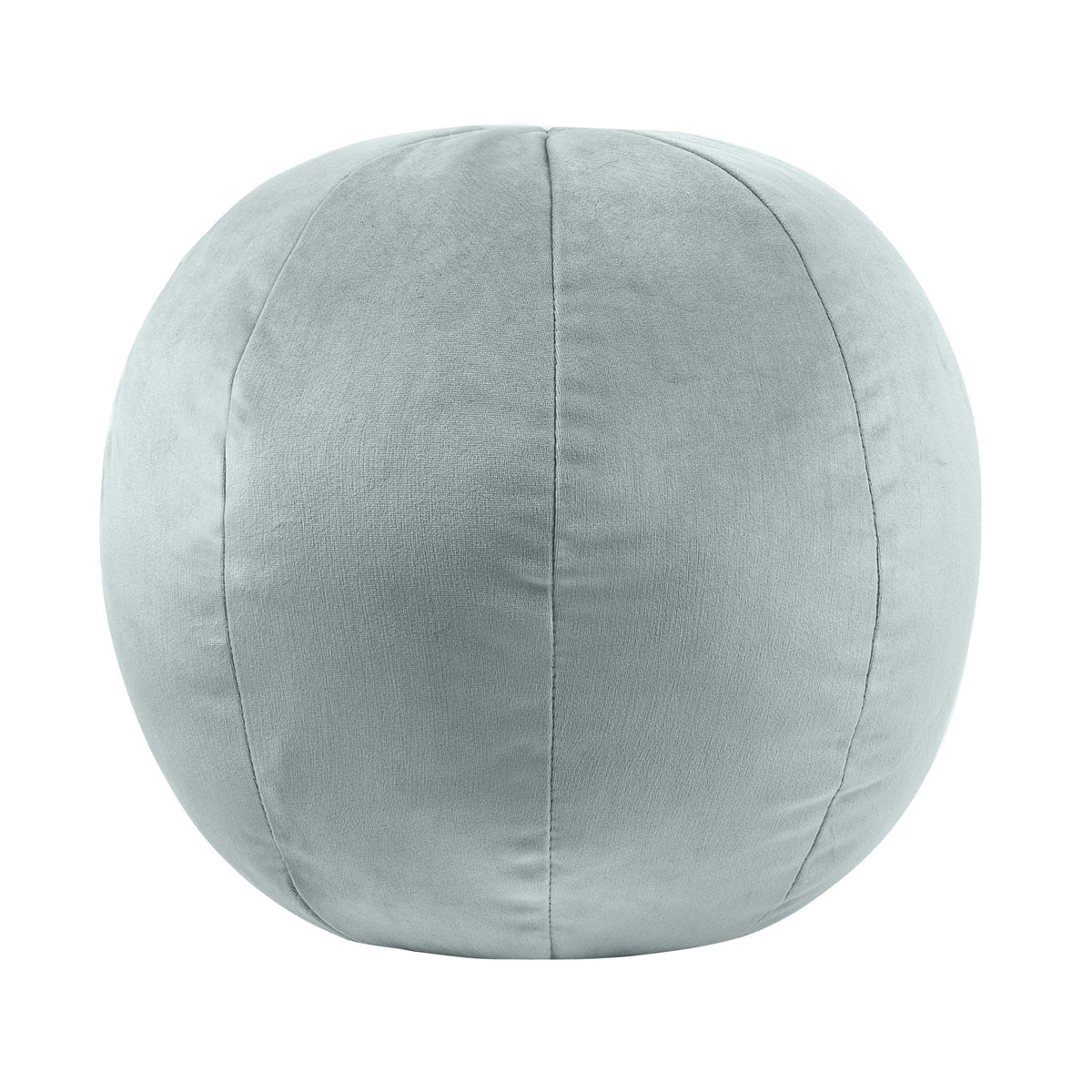 Round pillow in light gray-blue fabric with curved top seam and side stitching.