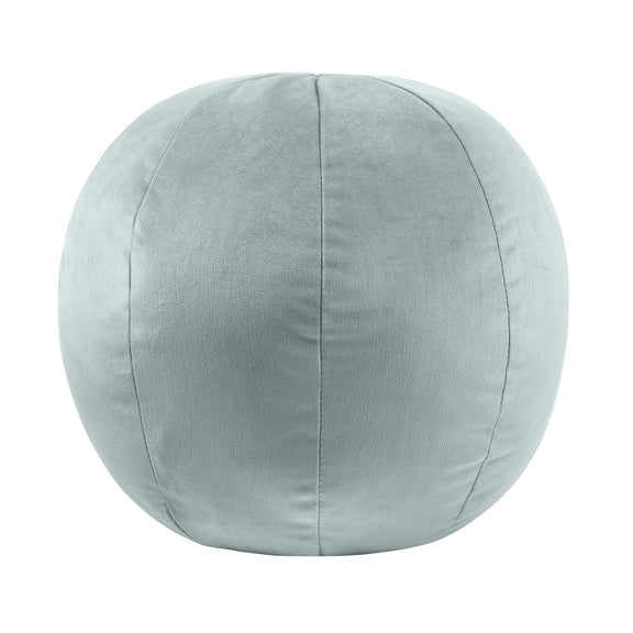 Round pillow in light gray-blue fabric with curved top seam and side stitching.