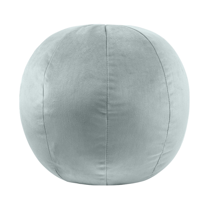 Round pillow in light gray-blue fabric with curved top seam and side stitching.