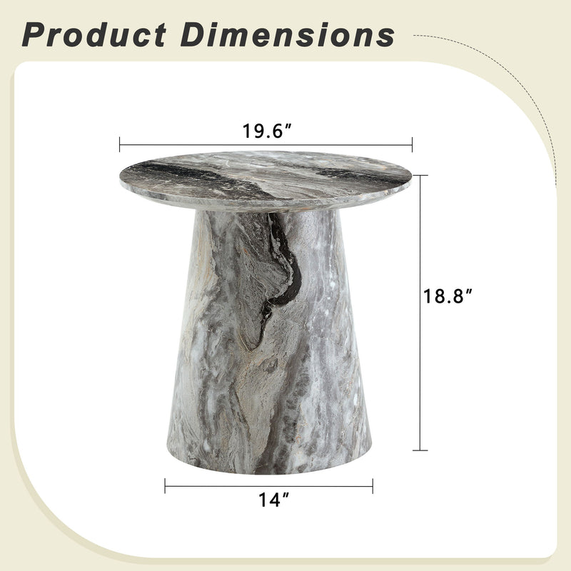 Marble-look circular coffee table with adjustable feet, gray veining, with size labels.