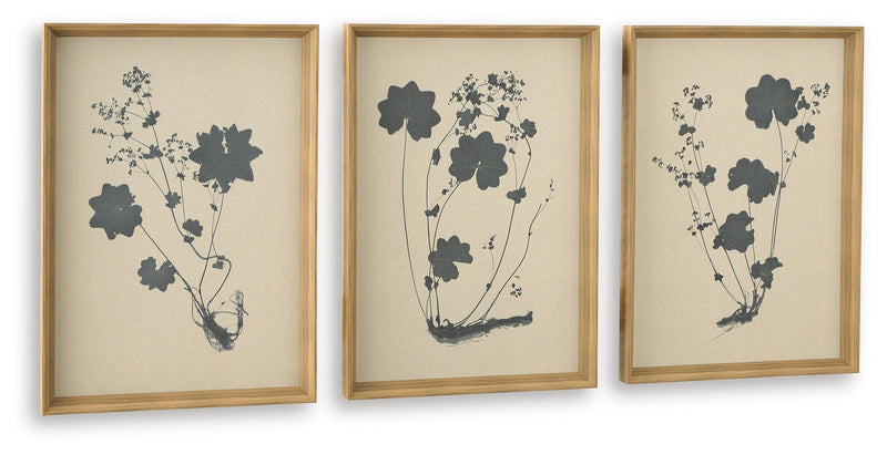Set of 3 botanical wall art prints in linen with black floral silhouettes, framed