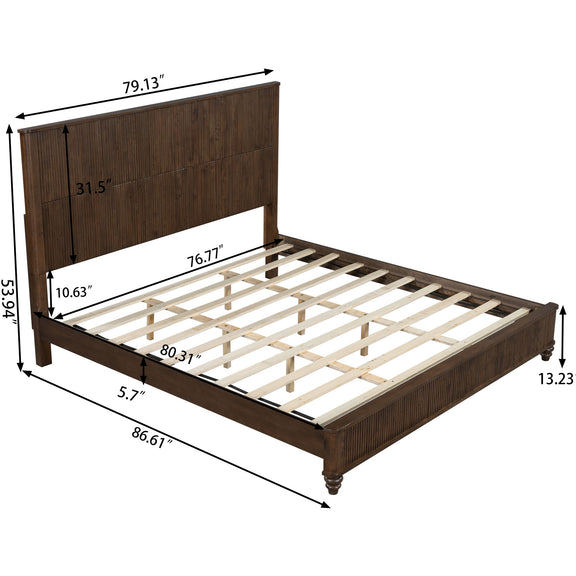 Dark brown wood bed frame with slatted base and tall paneled headboard