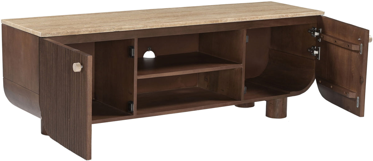Dark brown mango wood media console with side door open, showing interior shelves