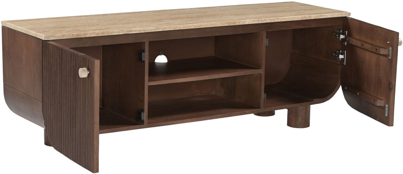 Dark brown mango wood media console with side door open, showing interior shelves
