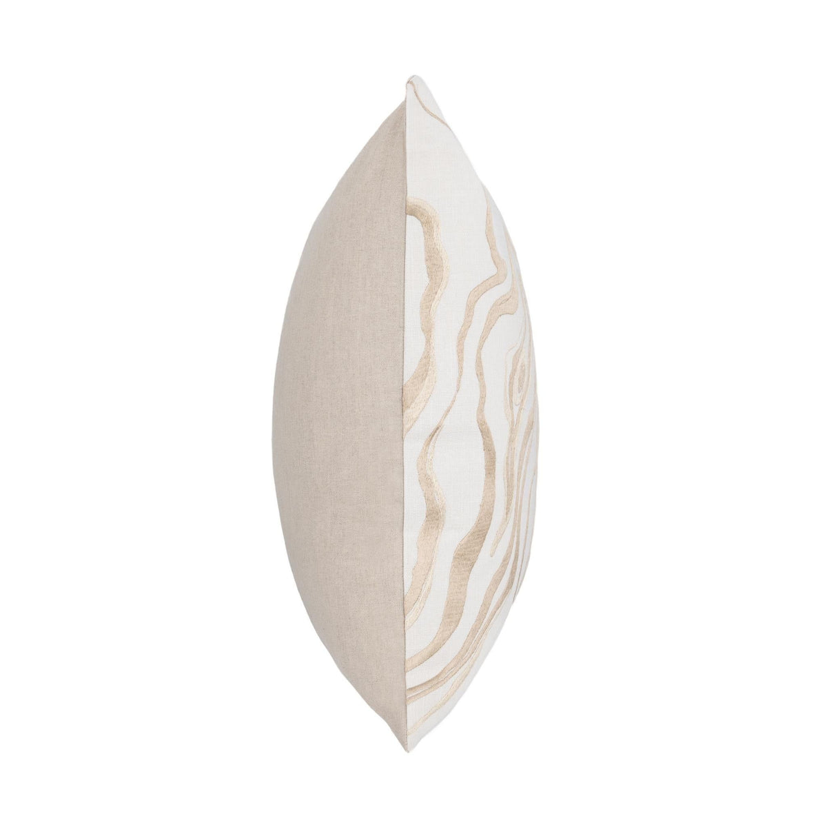 22-inch throw pillow showing side seam and corner ties on natural fabric