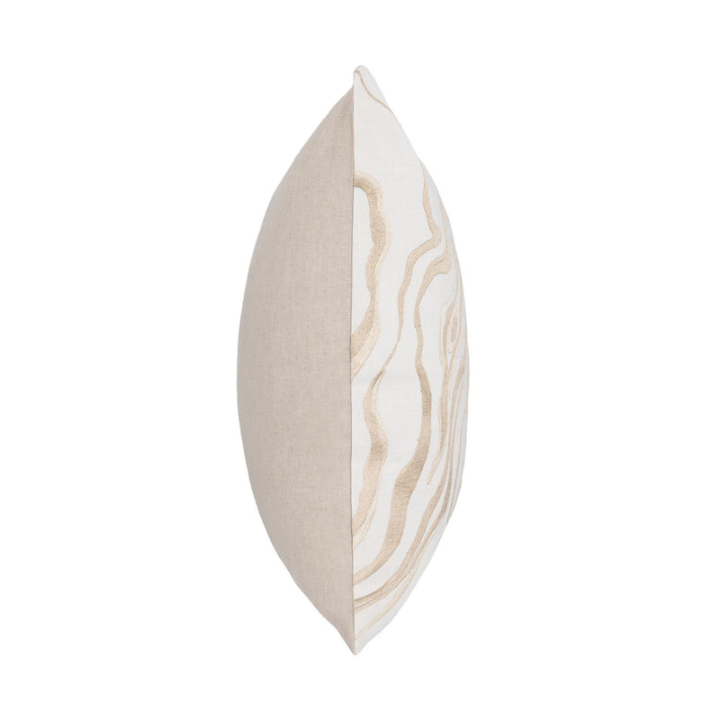 22-inch throw pillow showing side seam and corner ties on natural fabric