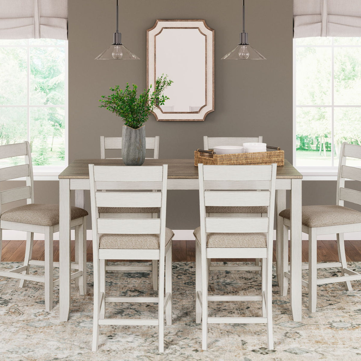 Skempton - Counter Height Dining Table and Bar Stools (Set of 7) - White / Light Brown