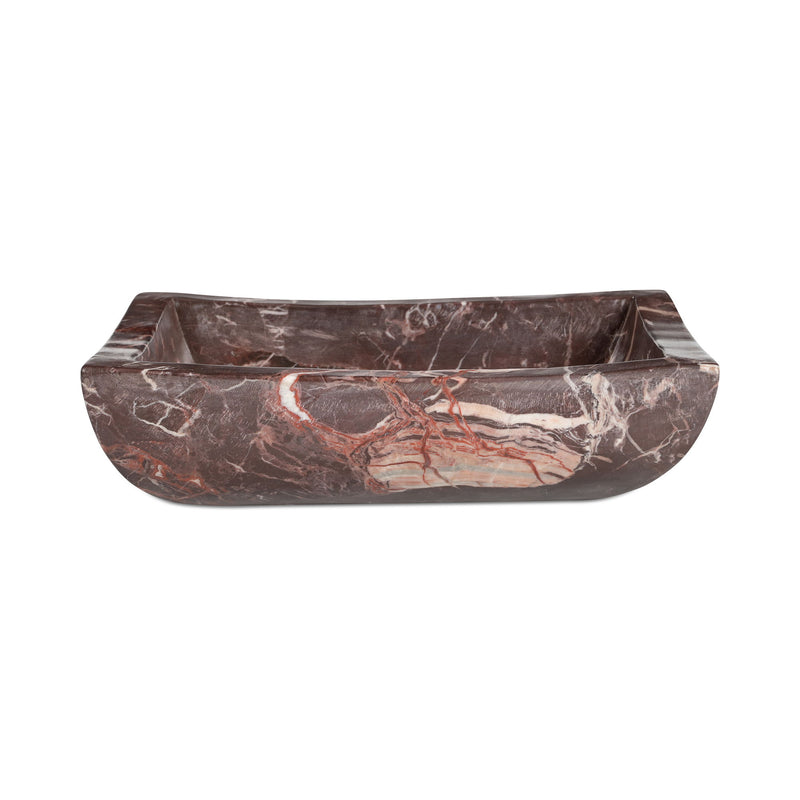 Deep red marble-pattern countertop basin with wide flared rim and smooth interior