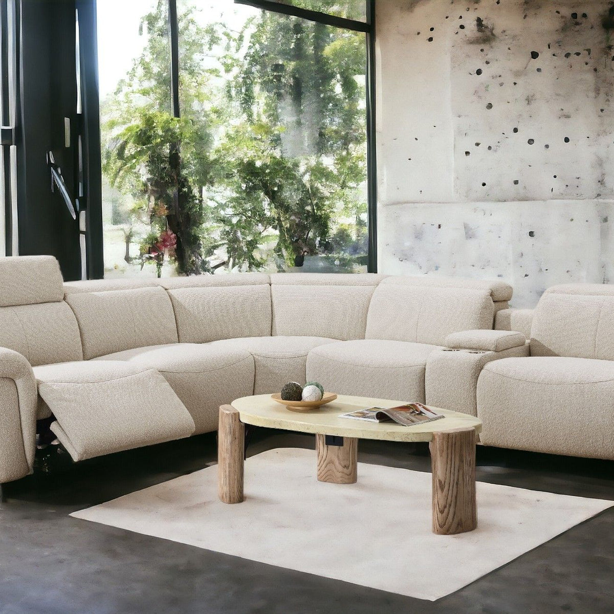 Dayana - Boucle Power Recliner Sectional Sofa For 5 People With Cupholder Console Adjustable Headrest - Beige