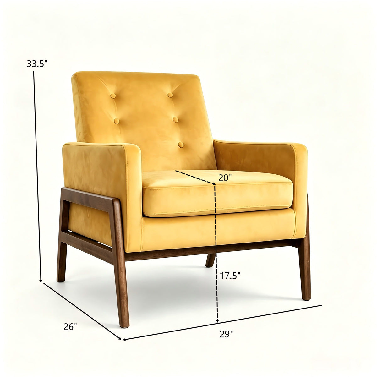 Yellow upholstered lounge chair with tufted back and padded arms; size dimensions shown.
