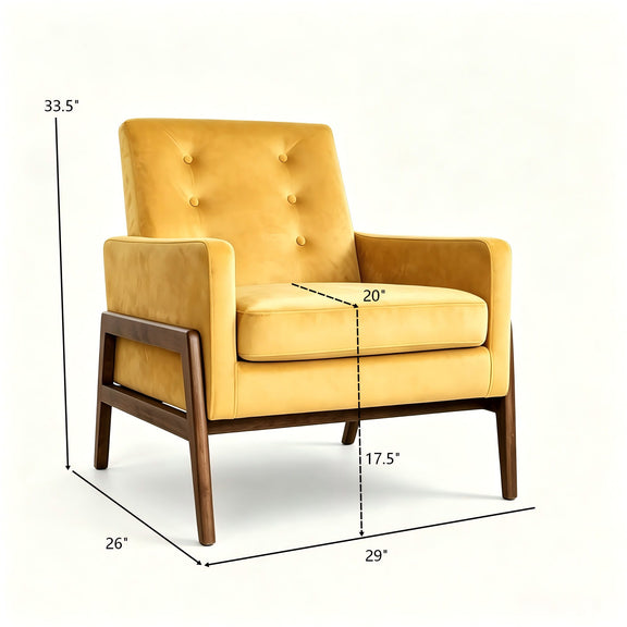 Yellow upholstered lounge chair with tufted back and padded arms; size dimensions shown.