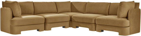 Light brown velvet corner sectional sofa, 5-piece set with modular chaise and cushions.