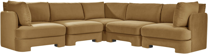 Light brown velvet corner sectional sofa, 5-piece set with modular chaise and cushions.