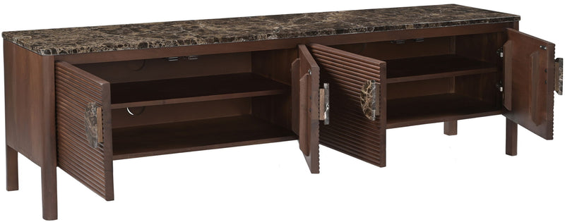 Varenna 69-inch media console open side showing interior shelves, dark brown acacia and marble top