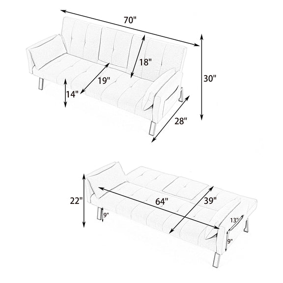 Sofa bed size diagram showing labeled dimensions for sofa and bed layouts
