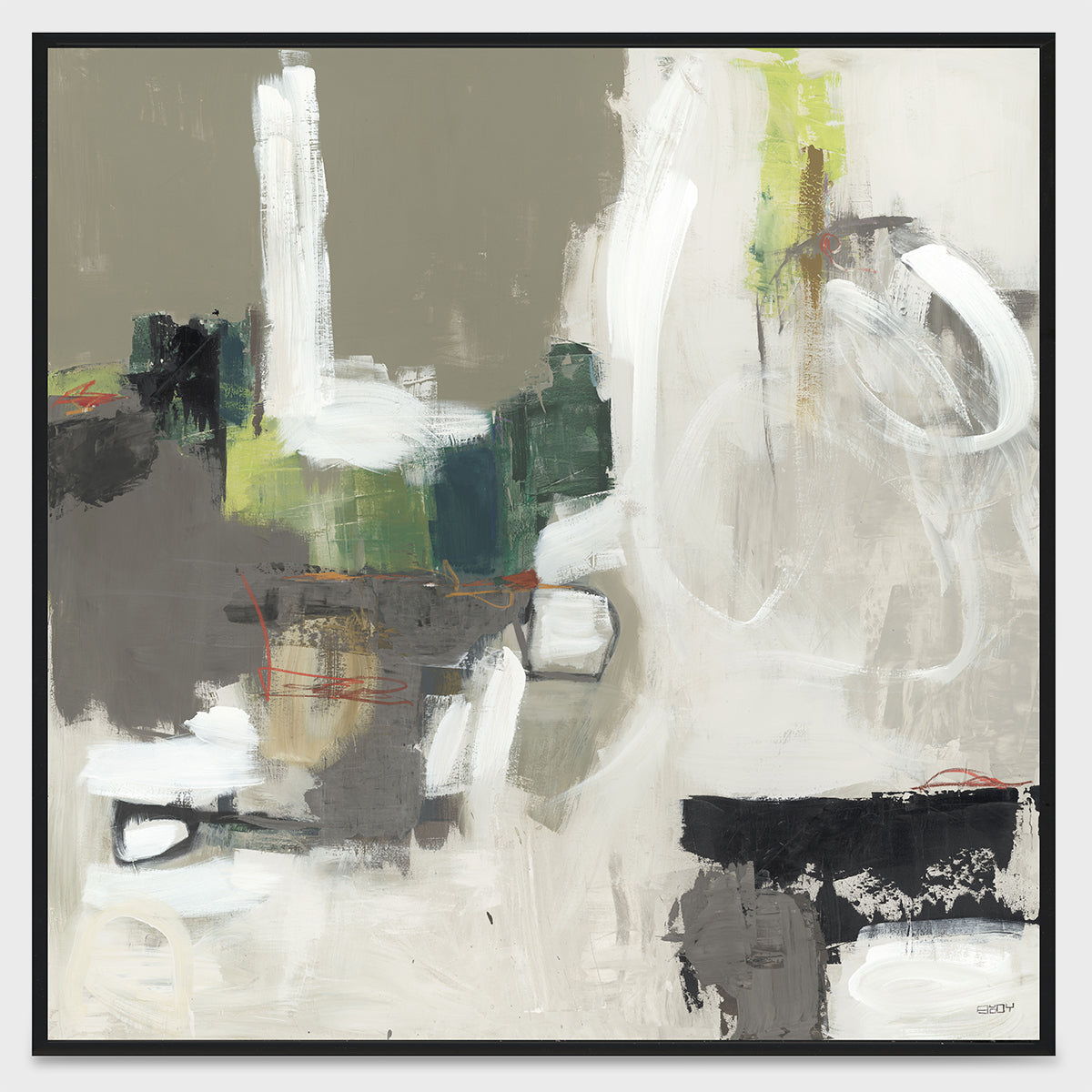Framed abstract wall painting with white, gray, green and black brushstrokes on canvas