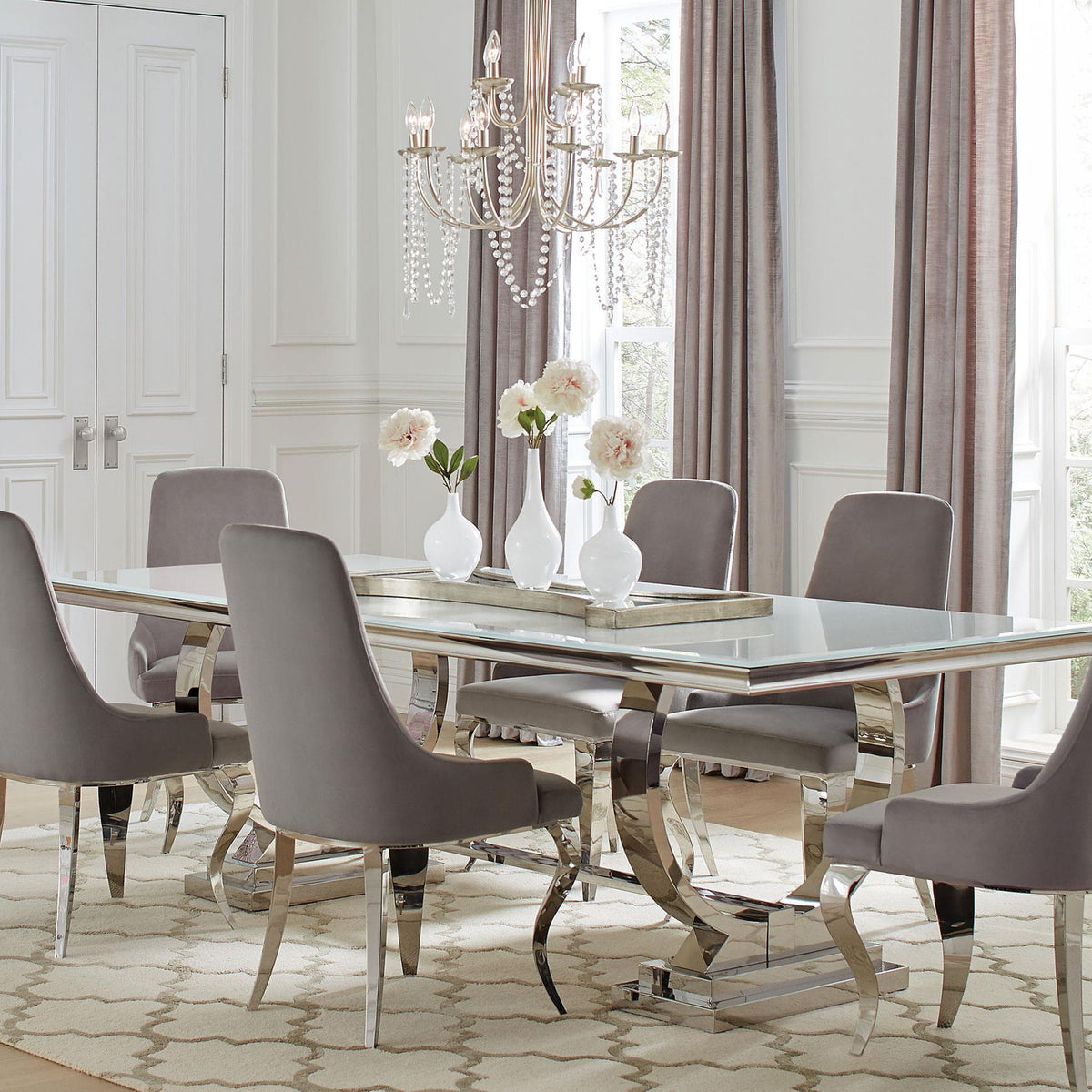 Antoine 7-piece Rectangular Glass Top Dining Table Set Grey