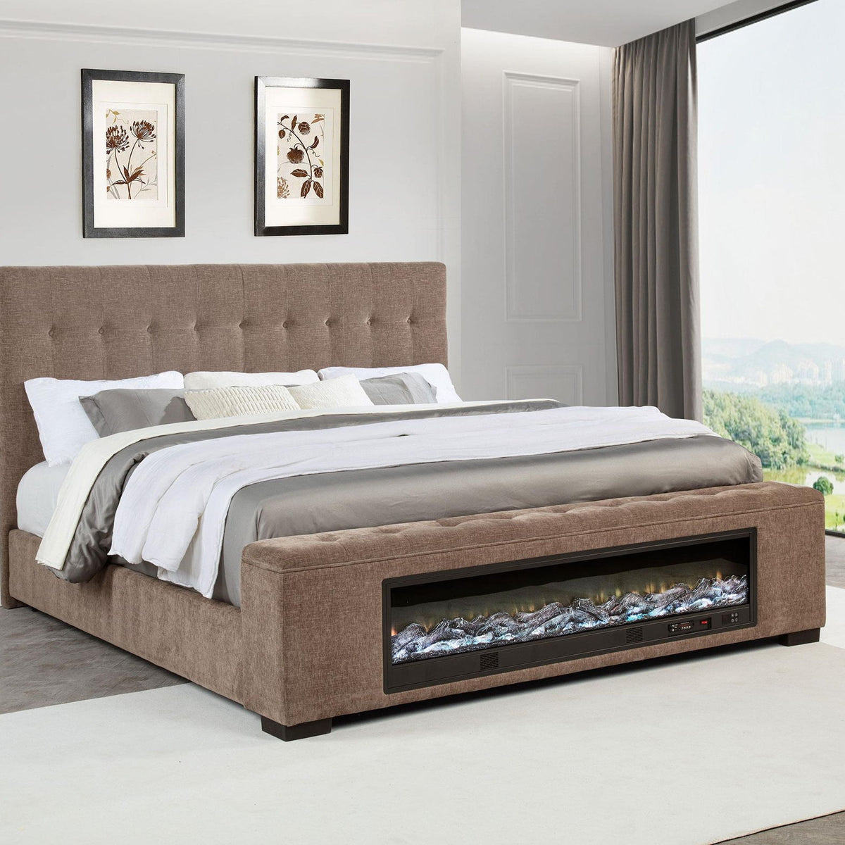 Senna Upholstered Eastern King Audio Flame Visualizer Bed Brown