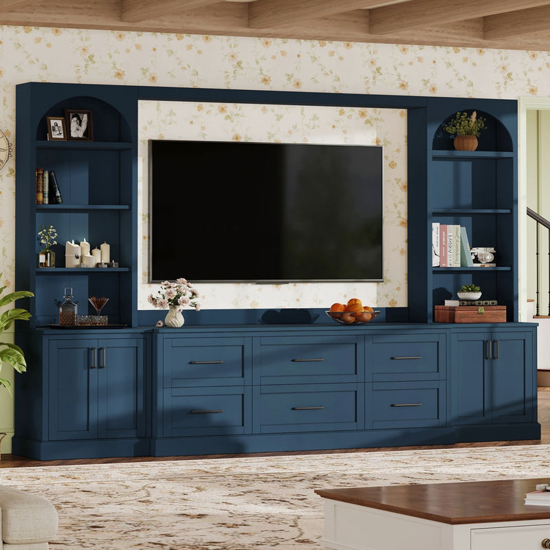 Arched Entertainment Center Wall Unit With 6 Drawers, Large TV Stand With Bookshelves
