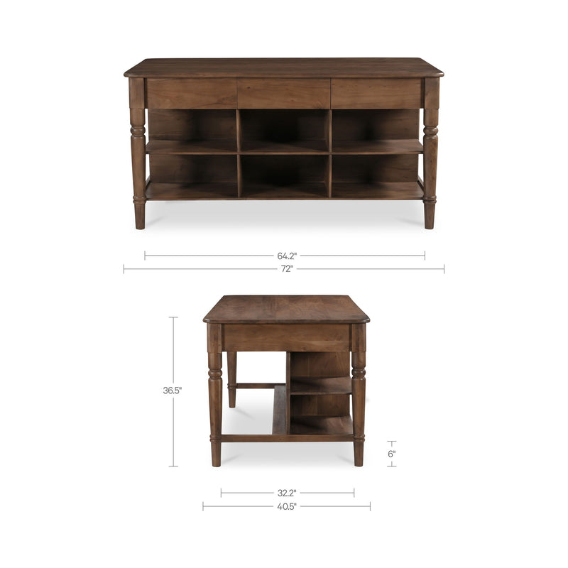 Brown wooden kitchen island with six cubbies and turned legs, shown with width, depth, and height measurements.