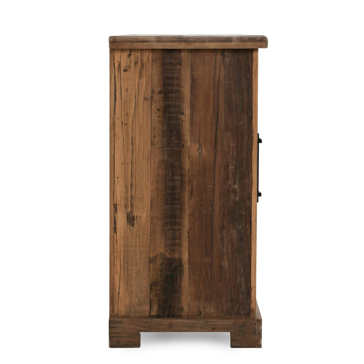 Natural wood 4-door cabinet with vertical front panels and small metal knobs.