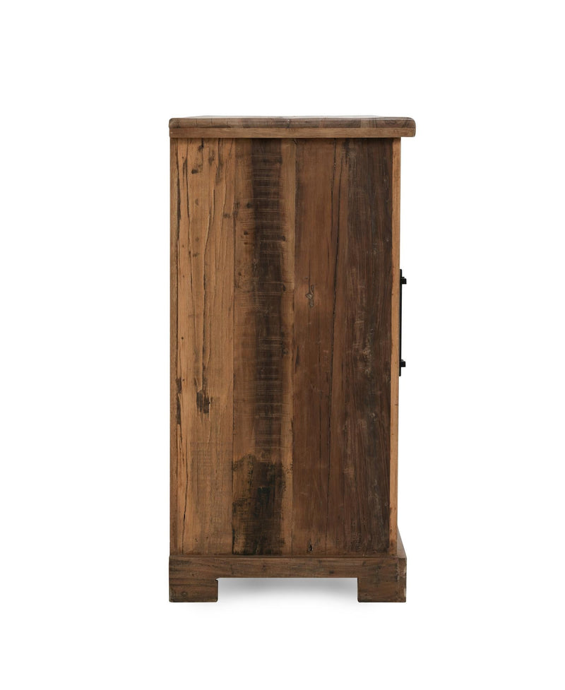 Natural wood 4-door cabinet with vertical front panels and small metal knobs.