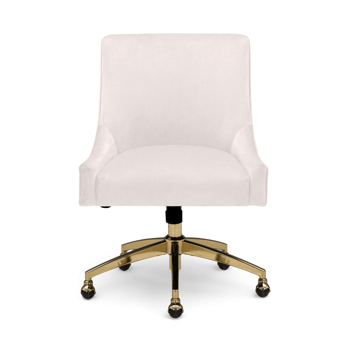 Light gray office swivel chair with padded arms, gold base, and rolling casters