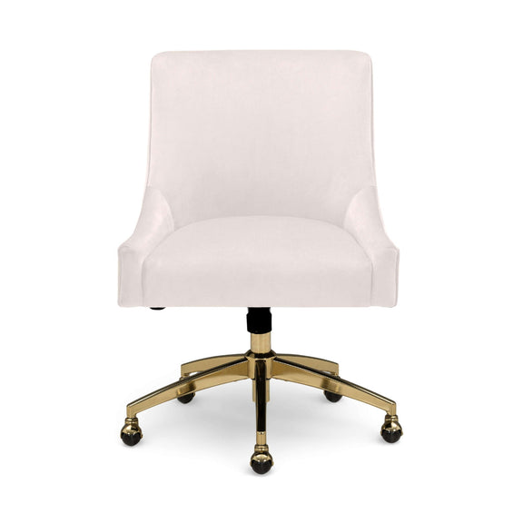 Light gray office swivel chair with padded arms, gold base, and rolling casters