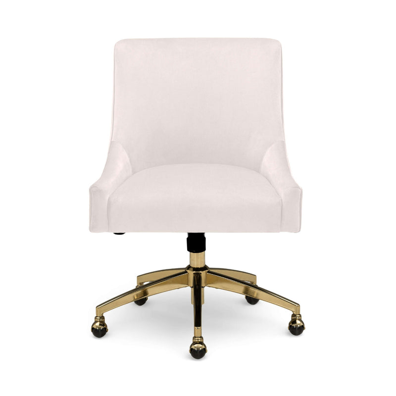 Light gray office swivel chair with padded arms, gold base, and rolling casters
