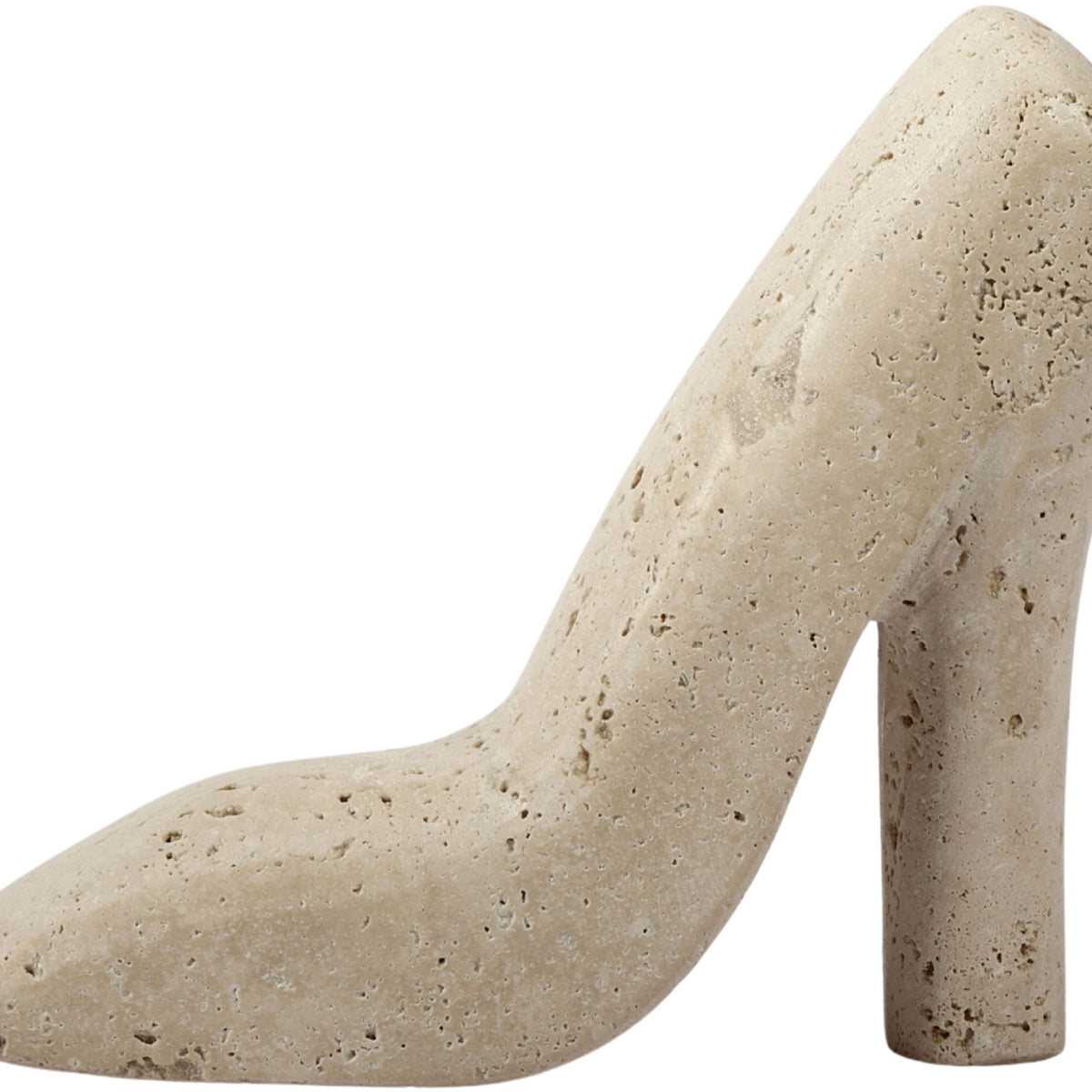 Beige travertine-style high-heel shoe sculpture, standing heel side view