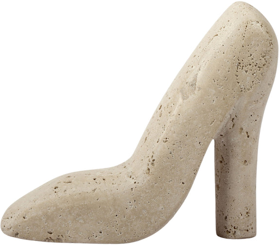 Beige travertine-style high-heel shoe sculpture, standing heel side view