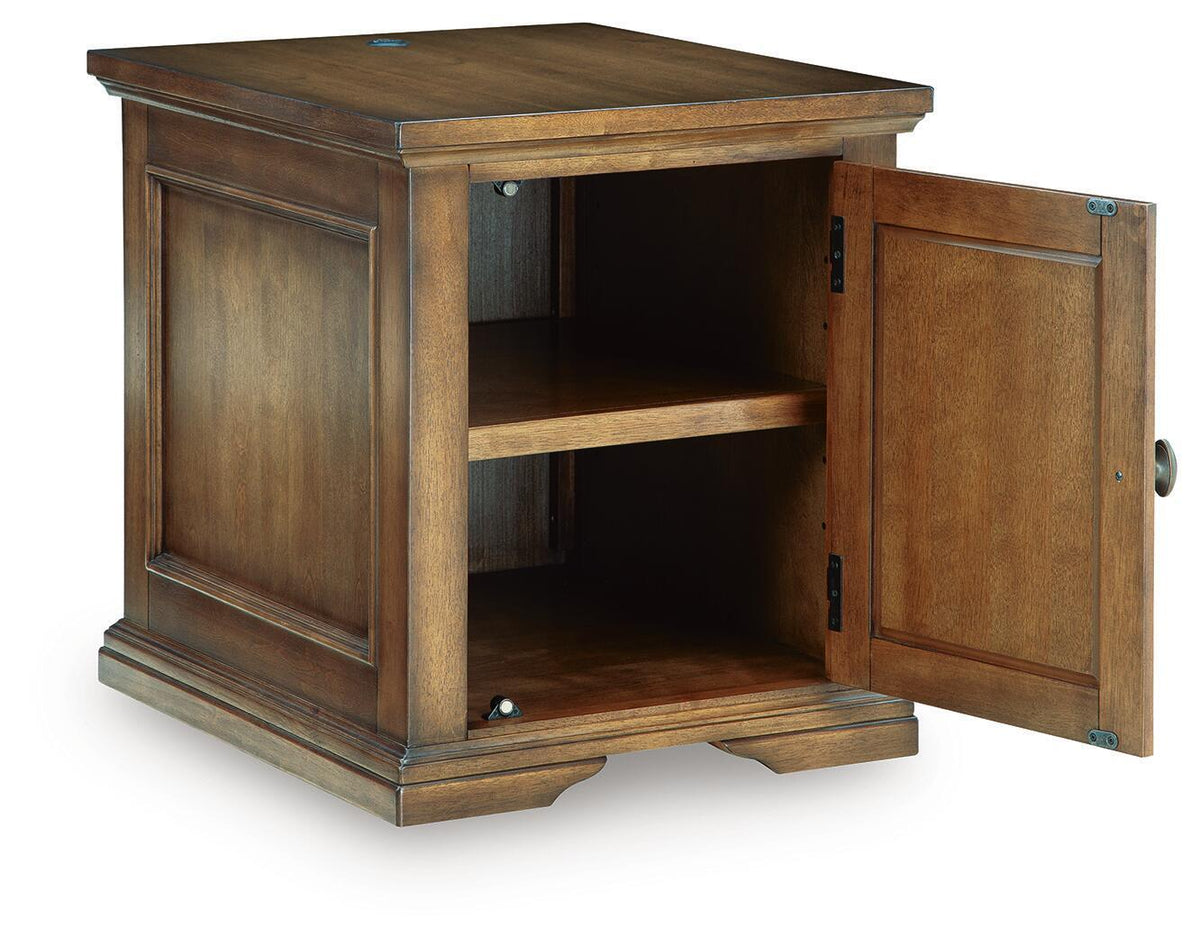 Dark brown wood end table with open cabinet door, interior shelving, metal knobs