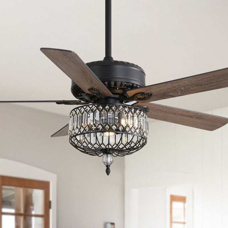 Ceiling Fan With Crystal Lampshade, 5 Blades, DC Motor, 6 Speed Remote Control, 1 / 4 / 8 Hour Timer - Black