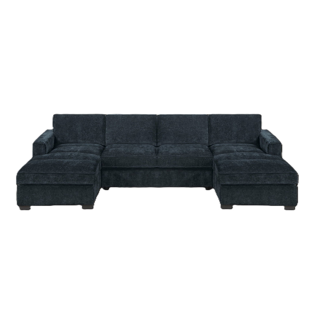 Dark upholstered sectional sofa with chaise and armless loveseat, boxy cushions