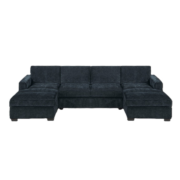 Dark upholstered sectional sofa with chaise and armless loveseat, boxy cushions