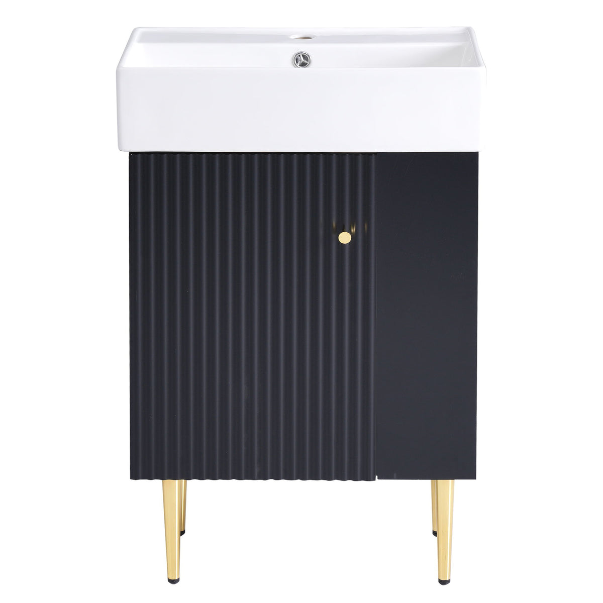 Dark cabinet bathroom vanity with white ceramic sink, vertical rib doors, gold legs