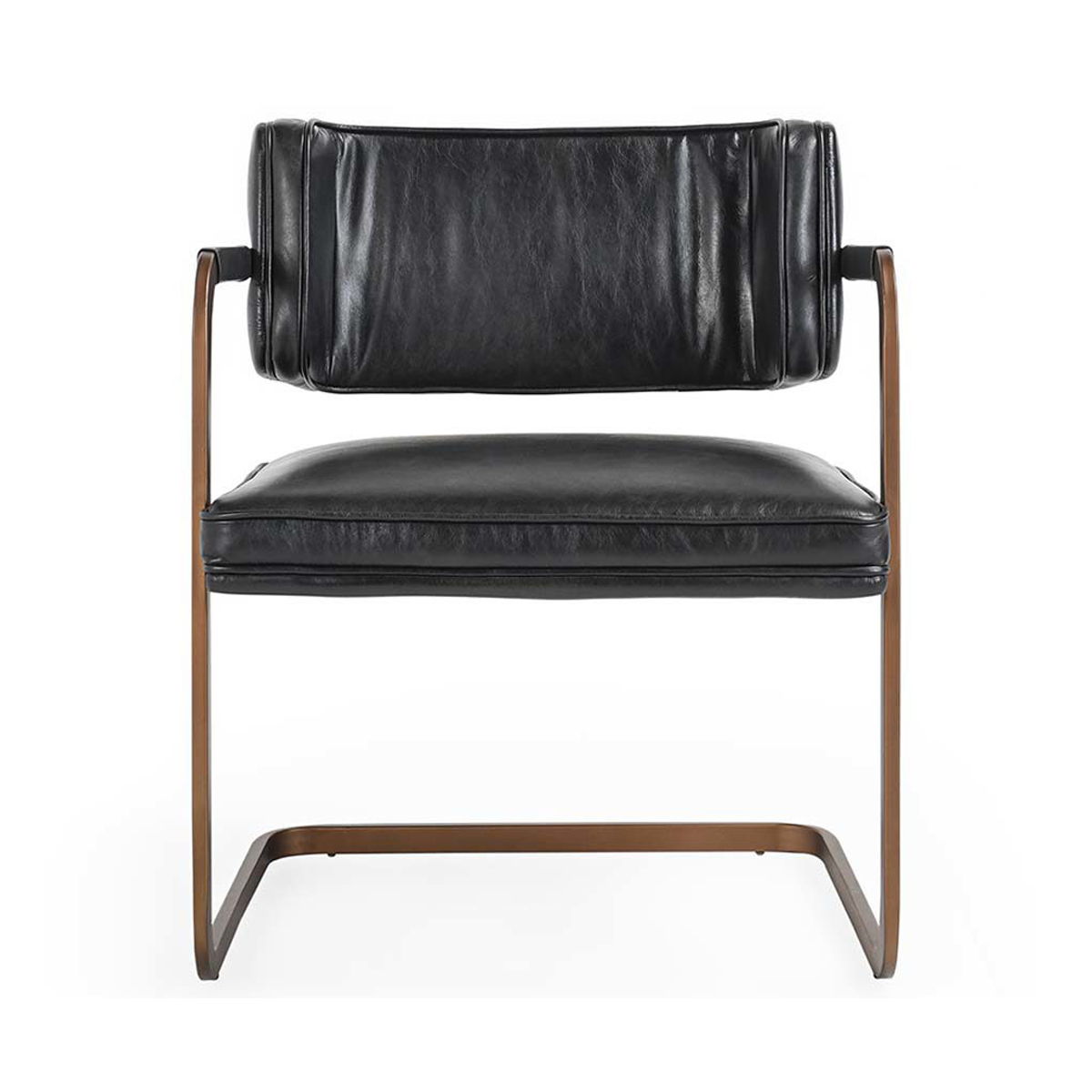 Black upholstered dining chair with padded seat and back, curved wood-tone base.
