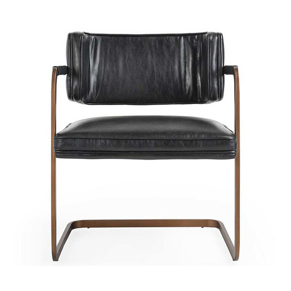 Black upholstered dining chair with padded seat and back, curved wood-tone base.
