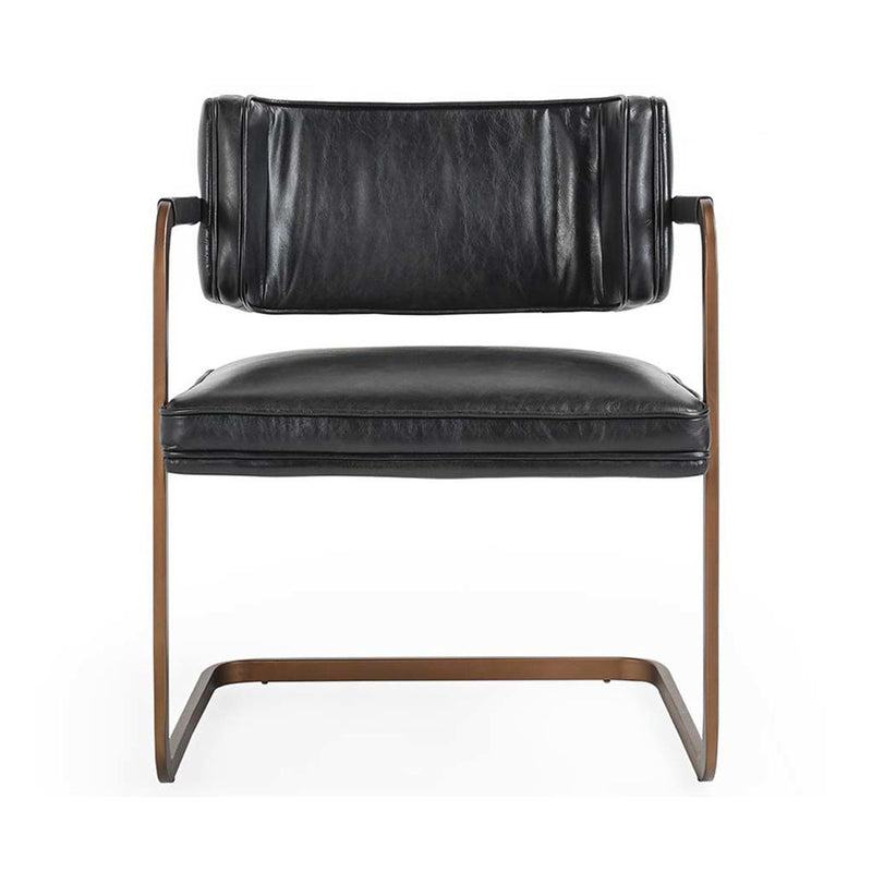 Black upholstered dining chair with padded seat and back, curved wood-tone base.