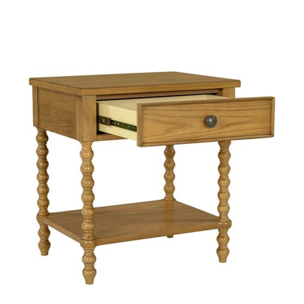 Light brown nightstand table with one drawer, lower shelf, and turned legs