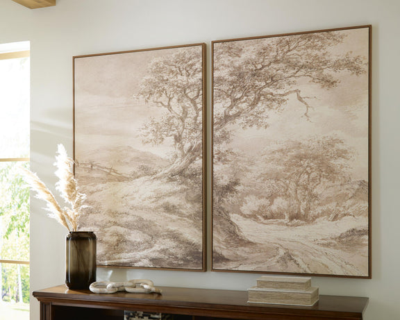 Two framed beige and brown landscape prints featuring detailed tree branches